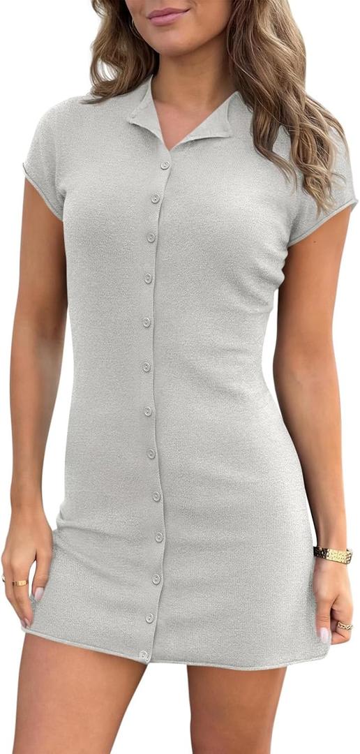 Saodimallsu Womens Button Down Mini Dress Summer Sleeveless Bodycon Casual Knit Short Cardigan Sweater Dresses (Gray, S)