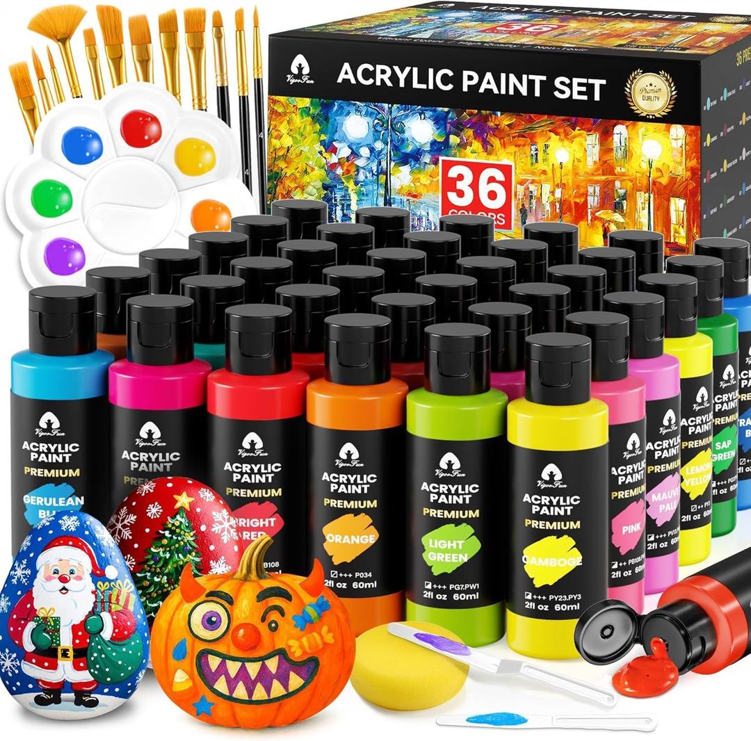 52 Pcs Acrylic Paint Set - 36 Colors (2oz/60ml) with 12 Brushes, 2 Knives & Palette - Rich Pigments for Adults, Artists & Beginners - Painting on Pumpkin Canvas Ceramic Rock Wood (Classic)