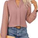 GRACE KARIN Women Business Casual Tops Sheer Lace Long Sleeve Blouses Work Office Pleated V Neck Shirt Fall Formal Outfits (Pink, M)