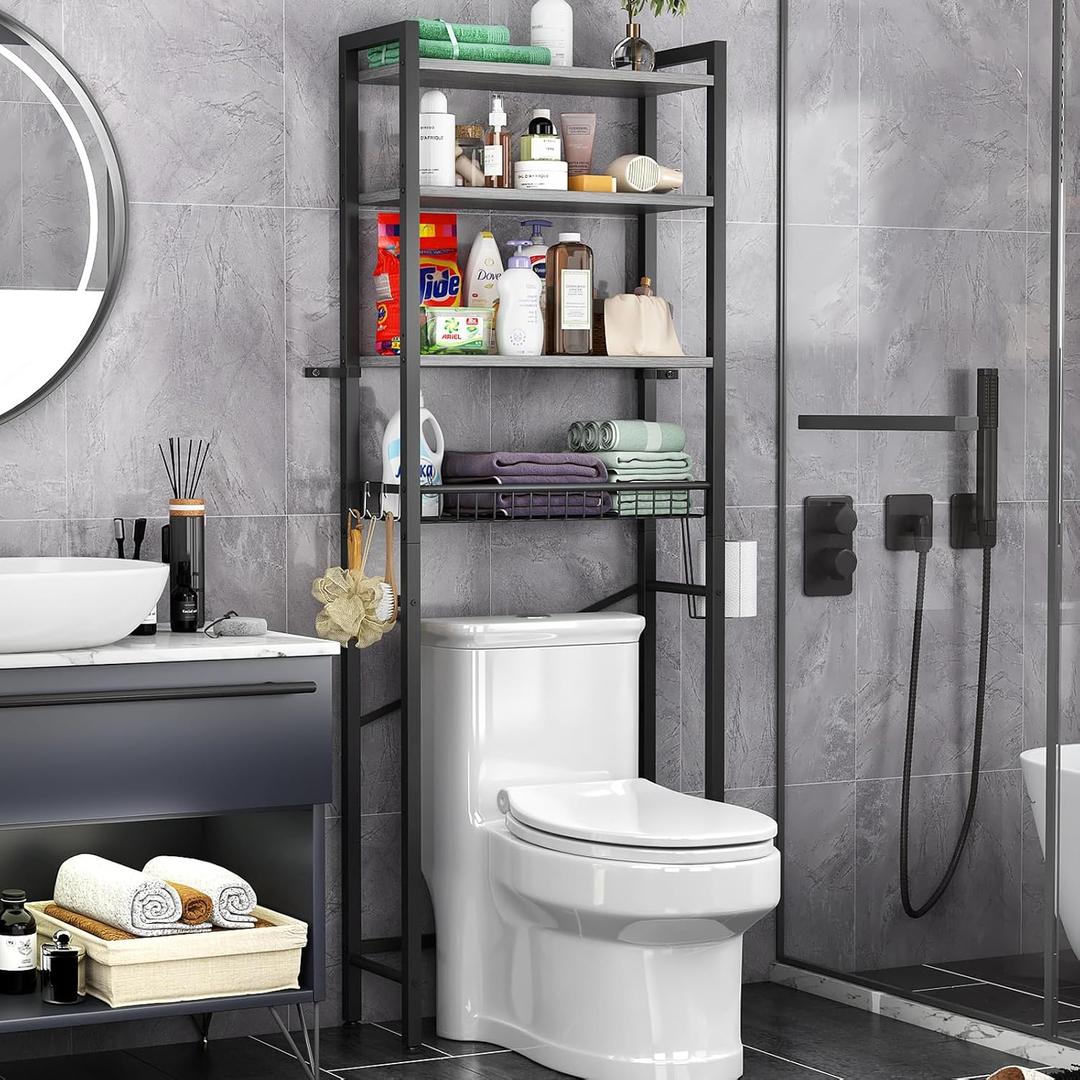Kalrin Over-The-Toilet Storage Rack, 4-Tier Bathroom Organizer Shelf Over Toilet with Adjustable Shelf and Basket, Freestanding Space Saver Bathroom Shelves Above Toilet for Room (Pure Gray), X-Large