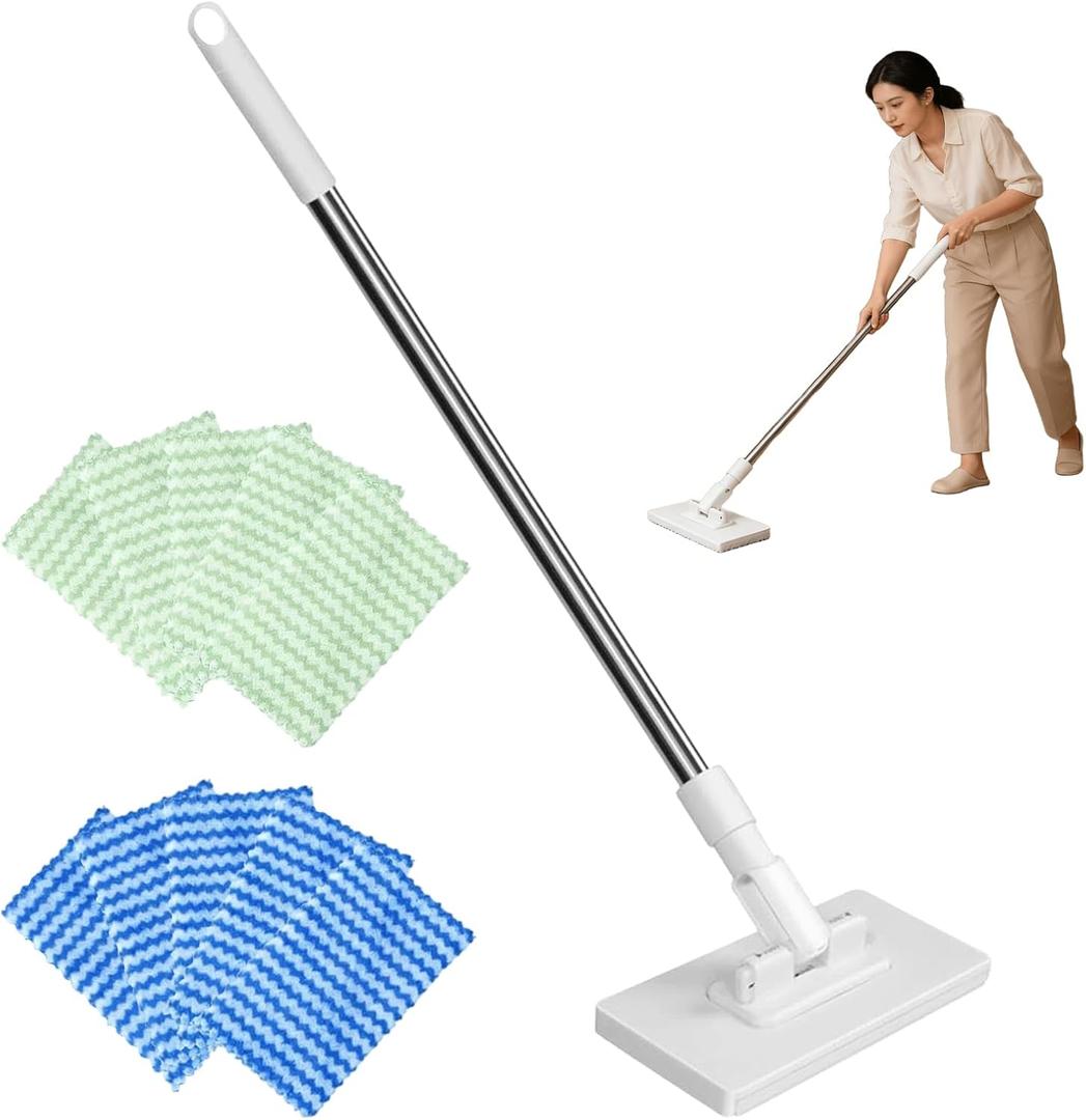 Snap Grip Mini Mop, Zero Touch Cloth Changing Flat Mop with Automatic Hands-Free Clip, Retractable 40 Inch Locking Handle for Gaps & Multi-Surface Cleaning, Wet & Dry, Includes 10 Reusable Cloths