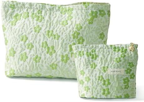 PLOPONOM 1 Pieces Travel Makeup Pouch,Large Capacity Cosmetic Bag for Women,Green Floral Cosmetic Organizer,Portable Toiletry Pouch,Seal with Zipper, Green