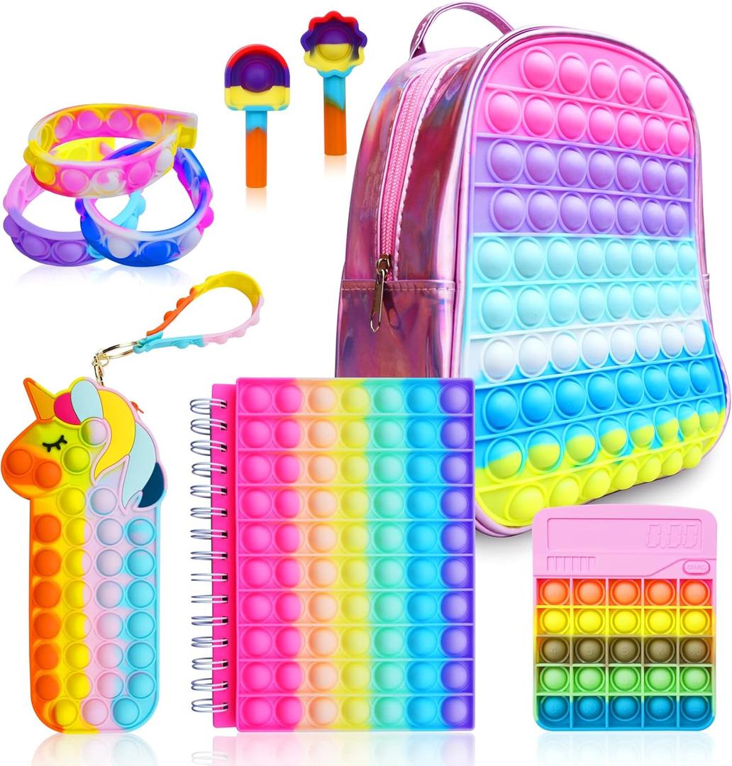 Pop Fidget Backpack for Girls, Pop it Bags&pop it Notebook and Unicorn Pencil Case for Kids' Fidget School Supplies Stress Relief, Great Birthday Present Gift for Kids