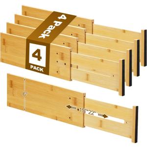 4 Pcs Deep Bamboo Drawer Dividers, Deep Kitchen Dresser Drawer Organizer with Spring Loaded for Clothes, Adjustable Expandable from 15-22 Inch (Wood Color,6 Inch)