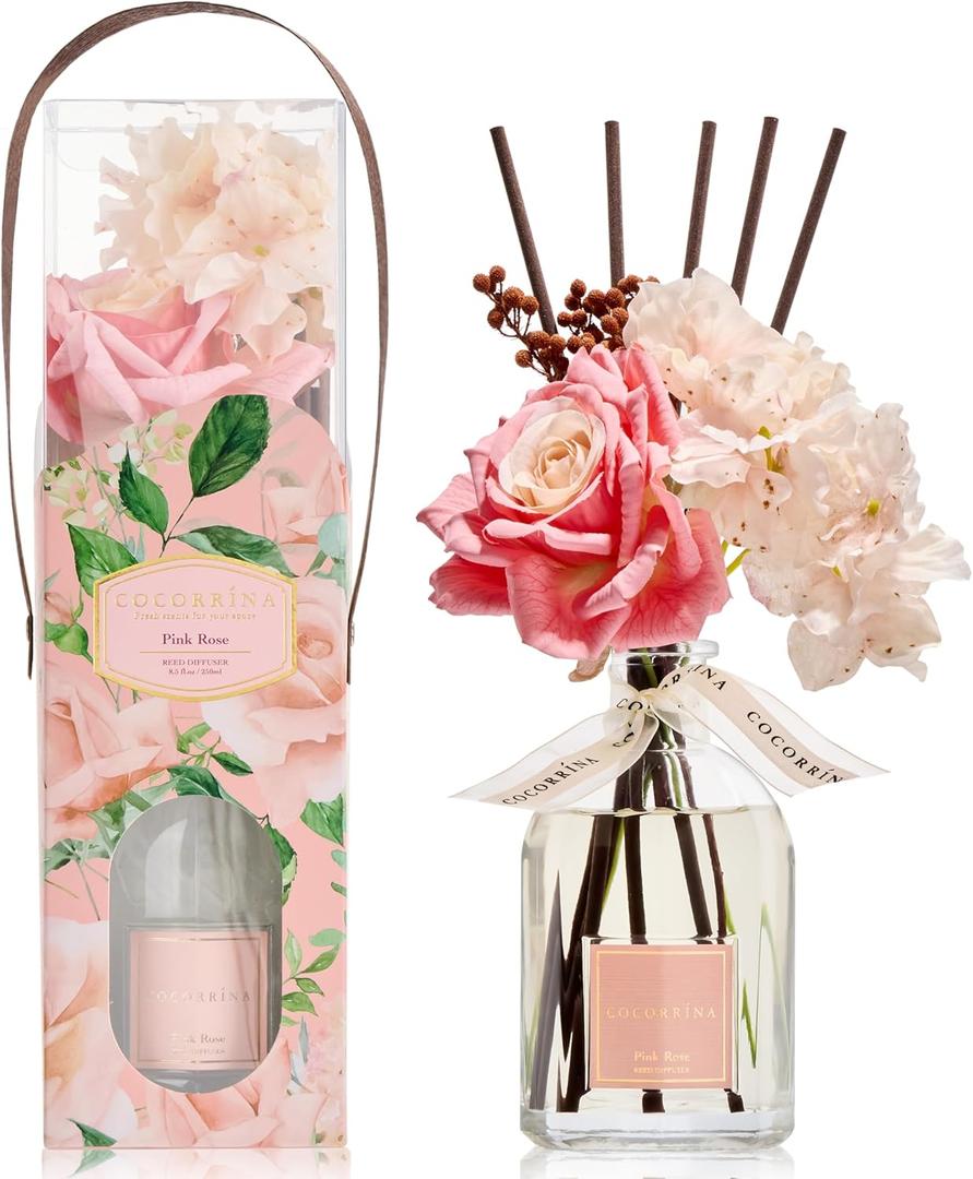COCORRNA Reed Diffuser - Pink Rose 8.5 Fl.oz Flower Reed Diffuser with Sticks, Bedroom Bathroom Shelf Decor (Floral Basket Collection)