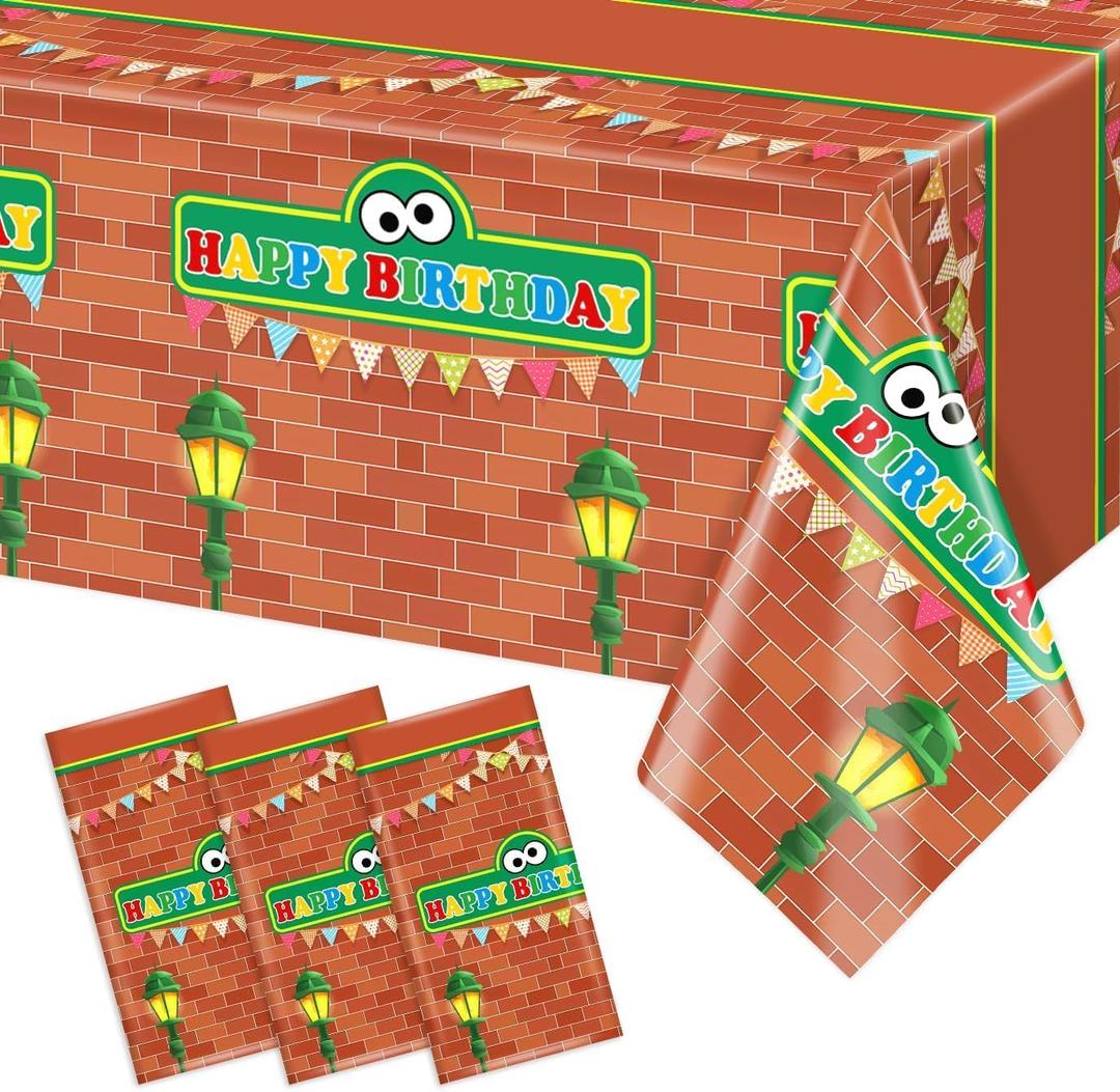 3 Pieces Red Brick Wall Street Disposable Tablecloths Cartoon Street Happy Birthday Waterproof 54x108IN Table Covers for Kids Boys Birthday Party Decorations