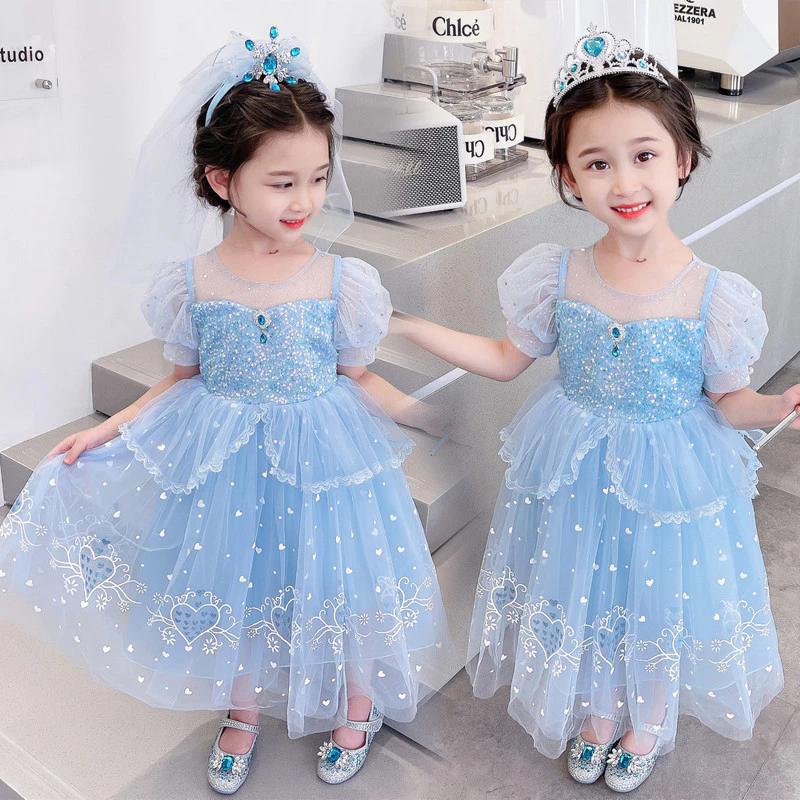 Frozen Elsa Costume Cosplay Princess Blue Dress For Kids Girl Cinderella Halloween Christmas Party Outfits Gown For Girls
Size 120