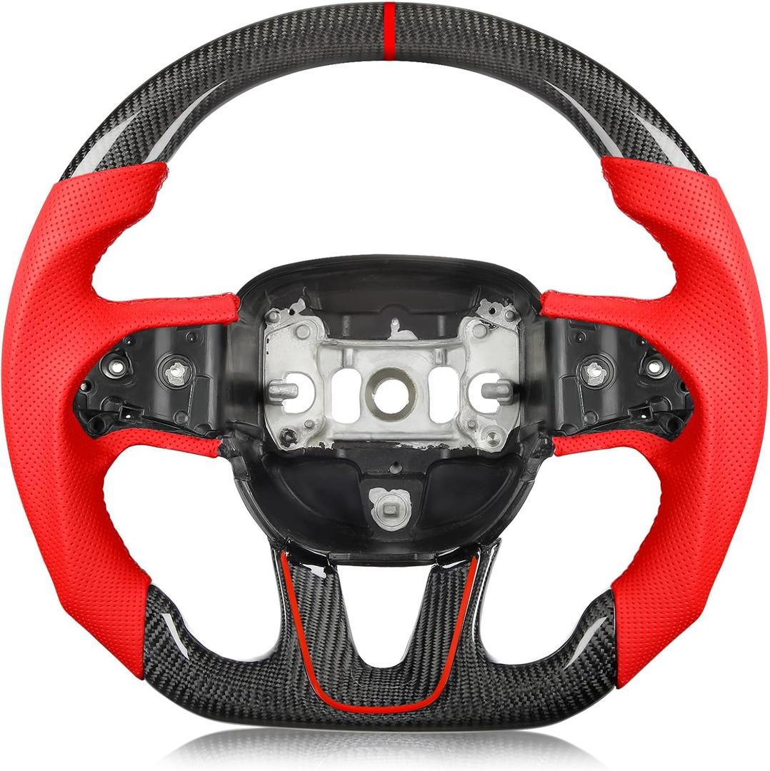Carbon Fiber Steering Wheel for Dodge Challenger for Charger 2015-2024, Red Perforated Leather & Stitching Steering Wheel with Flat-Bottom D-Shaped Design Fits for SXT/GT/RT/SRT/for Hellcat, Red