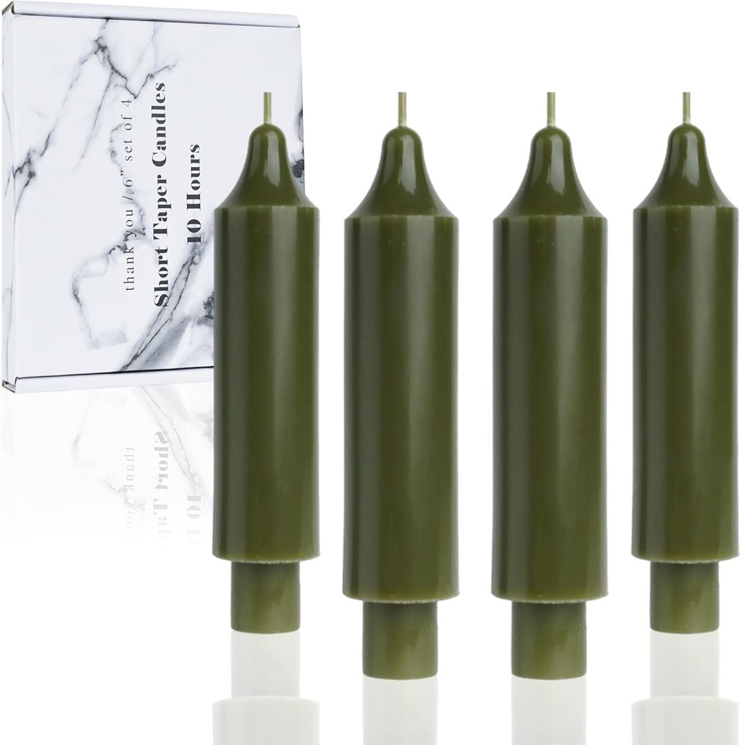 Olive Short Taper Candles 6 inch Green Candle Sticks Unscented Dinner Candle Dripless for Home Decor,Christmas Table Decor Weddings Festive Party Women GiftsSet of 4