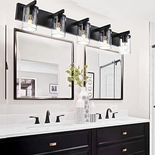 BONLICHT Industrial 5 Light Wall Mount Lighting Sconces Bathroom Vanity Light Matte Black Metal with Clear Glass Shade,Modern Farmhouse Wall Lamp Indoor Bath Wall Lamp Fixture Over Mirror