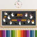 110Pcs Halloween Bulletin Board Classroom Decorations with Bulletin Board Borders, Boo Ghost Paper Cutouts DIY Photo Bulletin Board for Halloween Party School Nursery Classroom Wall Decor