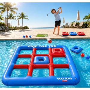 Golf Pong Chip Tac Toe Floating Pool Game - 4FT Inflatable Tic Tac Toe Pool Toy for Adults & Teens, Outdoor Games, Pool Party Games, Backyard Games & Yard Games (No Club Included)