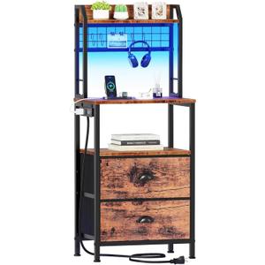 Furologee 40'' Tall Nightstand with Charging Station, Bedside Table with LED Lights, End Table with 2 Drawers and Storage Shelves, Night Stand with Pegboard for Bedroom, Rustic Brown