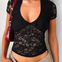 Womens Lace Tops Going Out Summer Short Sleeve V Neck Mesh Sheer Crop Shirts Cute Y2K Trendy Outfits 2026 (Black, L)