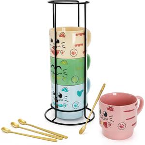 Cedilis Set of 4 Stackable Cat Mug with Stand and Spoon, 15 oz Cute Ceramic Coffee Mug for Cat Lover, Cappuccino, Tea, Hot Cocoa, Latte, Drinks, Green, Blue, Pink, Yellow
