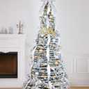 6.5Ft Flocked Pop up Christmas Tree,Prelit 200 LED Lights,1 Minute Pull up,Fully Decorated 86 Ornaments,8 Mode Warm White Light&Timer,Foldable Xmas Tree Fire-Resistant Collapsible Outdoor Indoor Decor