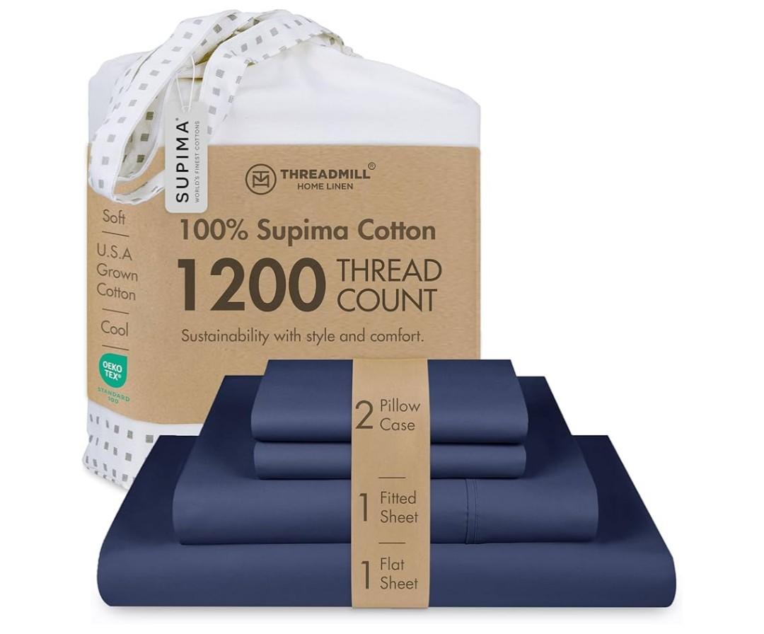 Threadmill American Supima King Size Cotton Sheets, 1200 Thread Count, 4 Piece Luxury Bed Sheets for King Mattress, 5 Star Hotel Quality Sheets with Elasticized Extra Deep Pocket, Folkstone Blue
