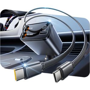 SUPERONE Smaller 4 in 1 Retractable Car Charger with Dual Type C Cords, 69W Fast Retractable USB C Car Charger, Car Accessories Car Chargers for iPhone 17 16 15 14 13 12 Galaxy Pixel