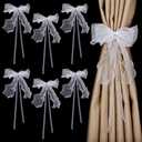 FINGERINSPIRE 6 pcs Bow Lace Curtain Tiebacks with Pin White Bowknot Curtain Ties with PVC Imitation Pearl Elegant Lace Ribbon Bow Straps Drapery Holdbacks Tie Rope Home Decoration