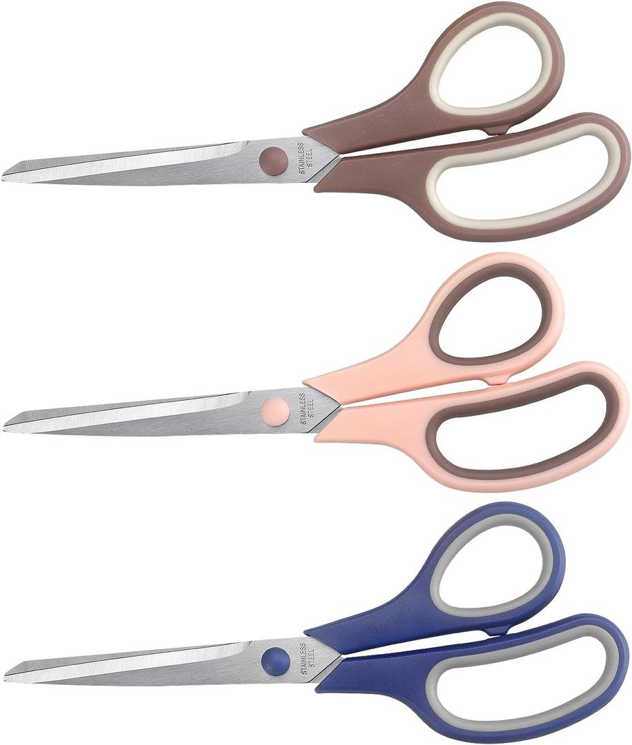 Scissors 8.5 Inch scissors all purpose Bulk Set of 3, Scissors for Office Home School Craft Supplies, Soft Comfort-Grip Right/Left Hand, Navy Blue, Pink, Brown