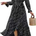BTFBM Womens Dresses Fall Clothes 2025 V Neck Floral High Waist Ruffle Wedding Guest Cocktail Boho Long Sleeve Dress (X-Large)