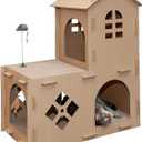 Furhaven Multi-Level Cardboard Cat House w/ Catnip for Indoor Cats, Ft. Scratching Pads & Toys - Farmhouse Corrugated Cat Scratcher Hideout - Cardboard Brown, One Size