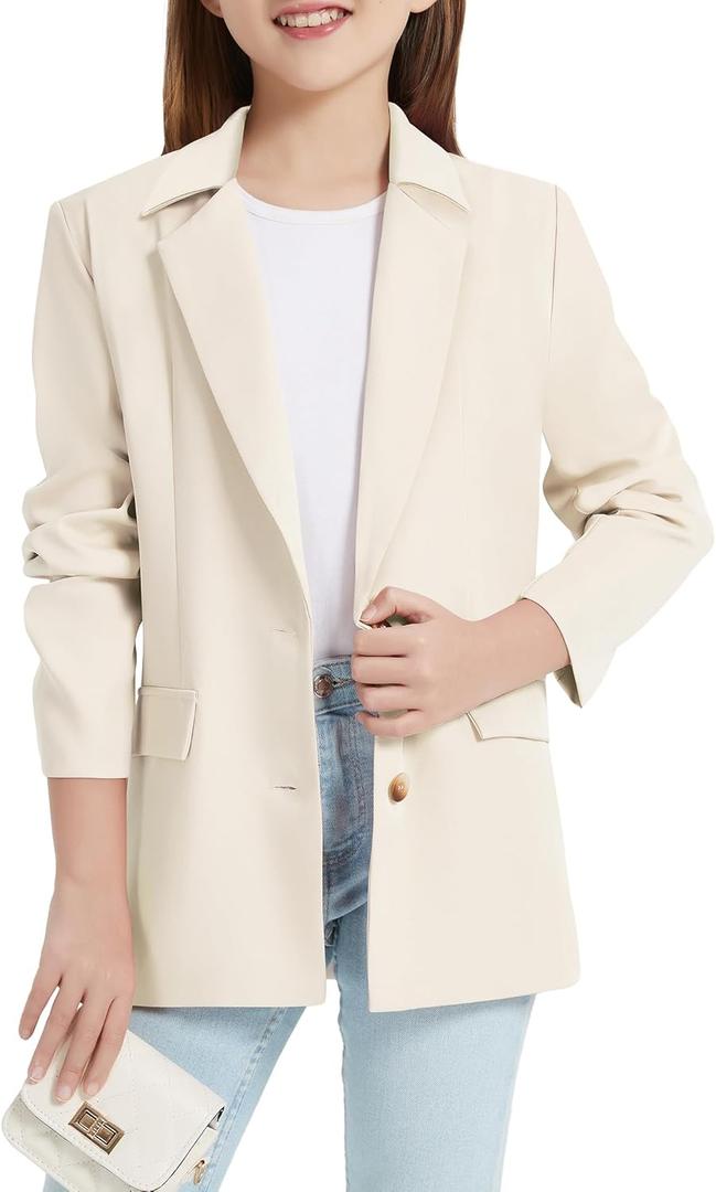EXARUS Girls Blazer Kids Blazers Jacket Teen Suit Graduation Formal School Khaki Blazer Long Sleeve Open Front Button Formal Lapel Collar with Inner Pockets School, 10Y