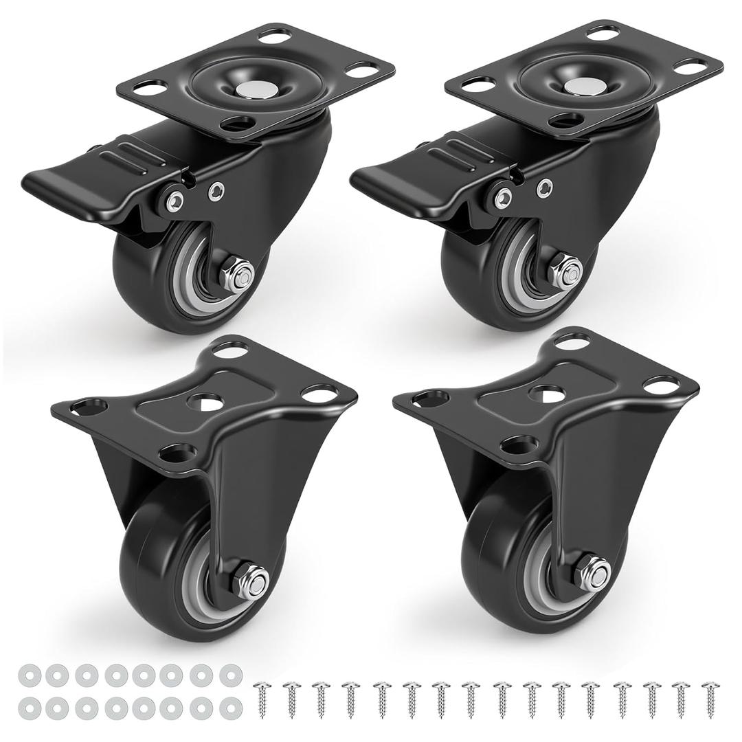 2 Inch Heavy Duty PU Caster Wheels Set of 4, 2 Swivel with Brakes and 2 Fixed, Black Non-Marking Plate Casters for Furniture, Tool Bench, and Garage Equipment