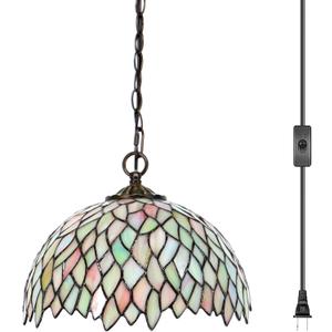 HWDFEI Tiffany Pendant Light Plug in Stained Glass Hanging lamp 12X12X181 Inch Hanging Lamp Living Room Bedroom Kitchen Dining Room OfficeSeven Color Wisteria Style