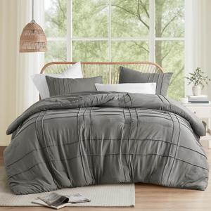 Comfort Spaces Grey King Size Comforter Set - 3 Pieces Pintuck Pleated Bedding Sets, All Season Lightweight, Extra Softness Pre-Washed Microfiber Bed Set, Shams