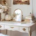 Vintage Desk Makeup Mirror, 11.8" L x 7.9" W Antique Gold Vanity Table Mirror, Metal Framed Arched Small Standing Mirrors with Beaded, 360 Adjustable Rotation for Tabletop, Bedroom