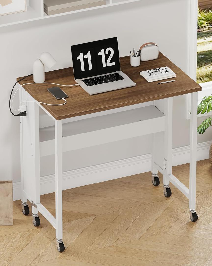 CHOEZON 31.5" Modern Folding Computer Desk with Power Outlets, Wheels, Storage, Perfect for Small Spaces Rustic Brown and White TDN01UWL