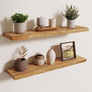 Axeman 32 inch Floating Shelves for Wall - 8'' D Live Edge Rustic Solid Elm Wood Floating Shelves Wall Mounted, Wall Shelves with Invisible Bracket for Living Room Bedroom Kitchen, Set of 2 Natural, 32 inches - 2P