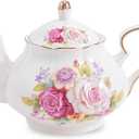Flower Ceramic Teapot,22oz Porcelain Tea pot for Tea Coffee Milk for Office Home Men Women as Gift (Rose)