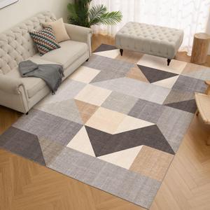 HOMFINE Washable Modern Area Rug - Geometric Style 6x9 Rugs for Living Room, Bedroom, Machine Washable Rug Soft Non Slip Non Shedding Area Rug - Grey Brown, 6'x9' (6" x 9")