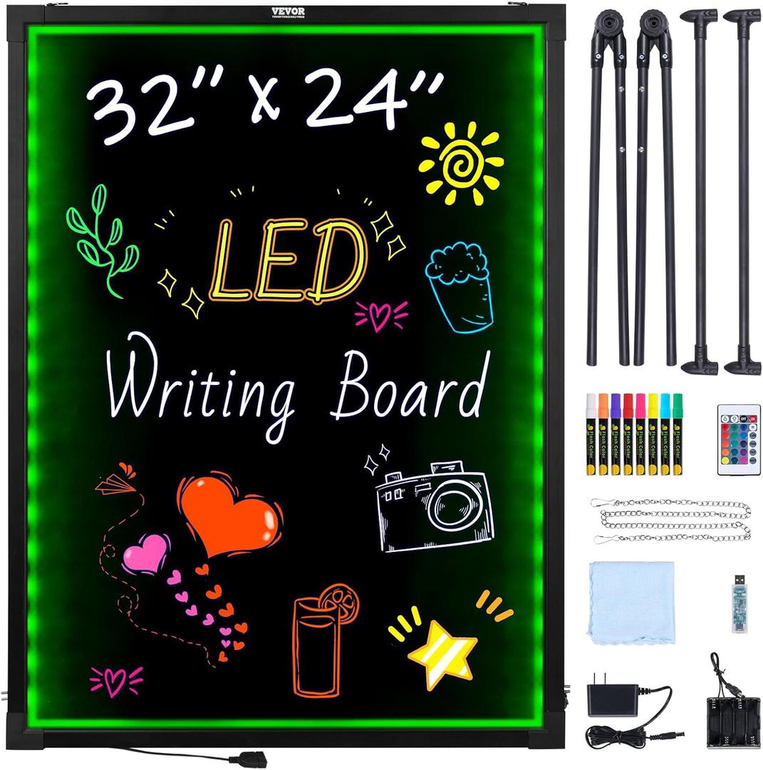 VEVOR 32"x24" LED Message Writing Board, Menu Sign Boards, Illuminated Erasable Lighted Chalkboard, Neon Effect Drawing Panel with 8 Chalk Markers and Remote Control