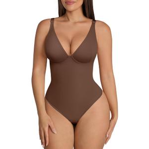 FeelinGirl Shapewear Bodysuits for Women Tummy Control Body Suits Deep V Neck Thong Body Shaper (XX-Large, Chocolate)