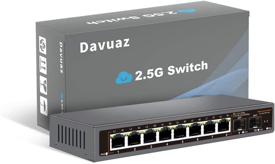 8-Port 2.5G Unmanaged Ethernet Switch, 82.5G Base-T Ports, 210G SFP+ Uplink, Supports 100/1000/2500Mbps, Fanless Metal Casing, Plug & Play