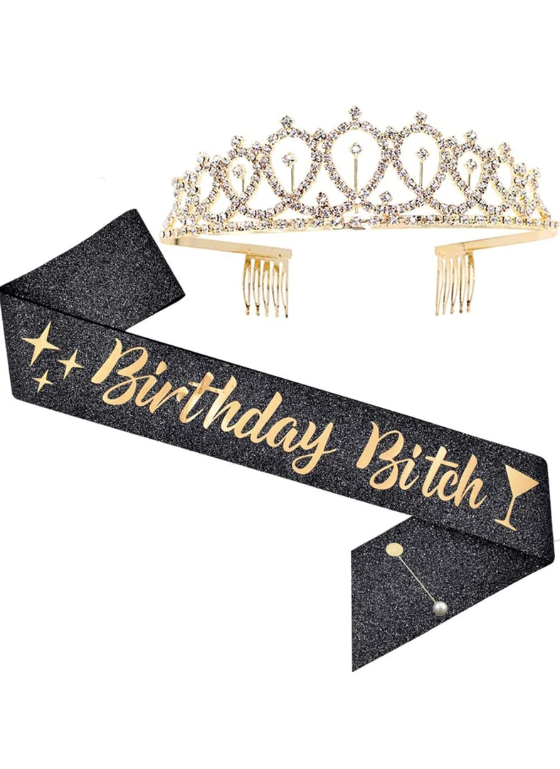 Birthday Bitch' Sash, Crown Tiara & Party Supplies Kit - Black Glitter Sash, Women's Birthday Gifts
