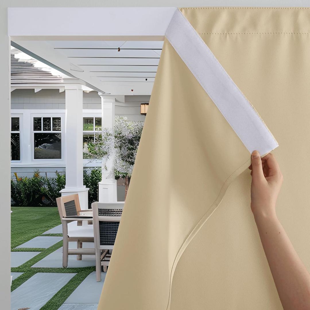 RYB HOME Patio Self Adhesive Outdoor Curtains - Waterproof & Windproof Panels with Back Tab Bottom for Pergola Balcony, UV Blocking Shades for Pool Cabana, W52 x L108 inches, Biscotti Beige, 2 Panels