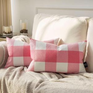 Phantoscope Pack of 2 Gingham Buffalo Check Plaid Throw Decorative Pillow Cover Outdoor Indoor Throw Pillows Farmhouse Square Pillow Cases for Home Decor Pink,12 x 20 Inches