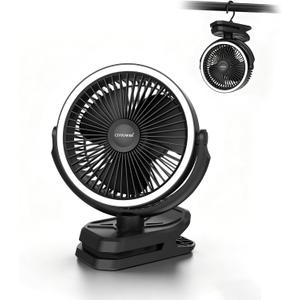 Clip on Fan 16000mAh: Portable Rechargeable Clamp Fan for Stroller Bed Camping Tent Golf Cart - Quiet Battery Operated with 3 Speed Strong Airflow LED Light Hook for Office Desk Outdoor (Black)
