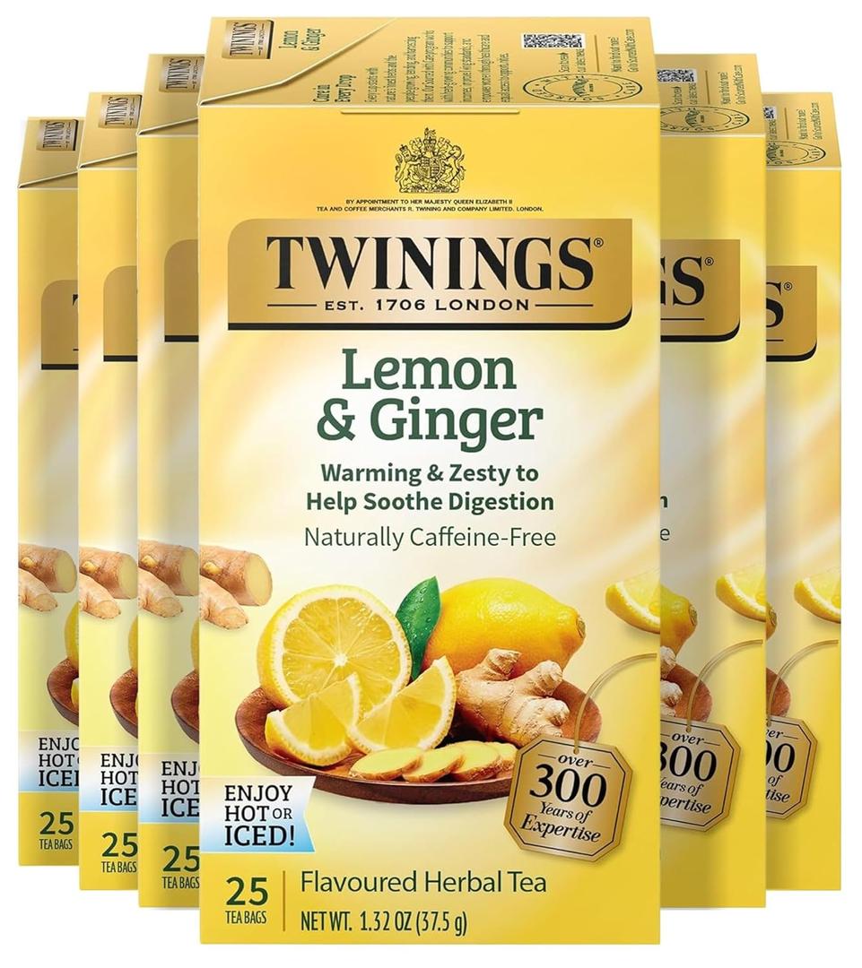 Twinings Lemon & Ginger, Caffeine-Free Herbal Tea Bags, 25 CT Box (6 Pack) | Spicy & Tangy, Ginger, Lemon Peel, Lemongrass, Blackberry Leaves, Soothe Digestion, 150 Foil Lined Individually Wrapped Bags 