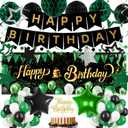 Green Black Birthday Decorations, Happy Birthday Banner, Backdrop, Balloons, Honeycomb Balls, Star Foil Balloons, Stars Hanging Swirls & Cake Topper for Baby Boys Girl Men Women Birthday Decoration