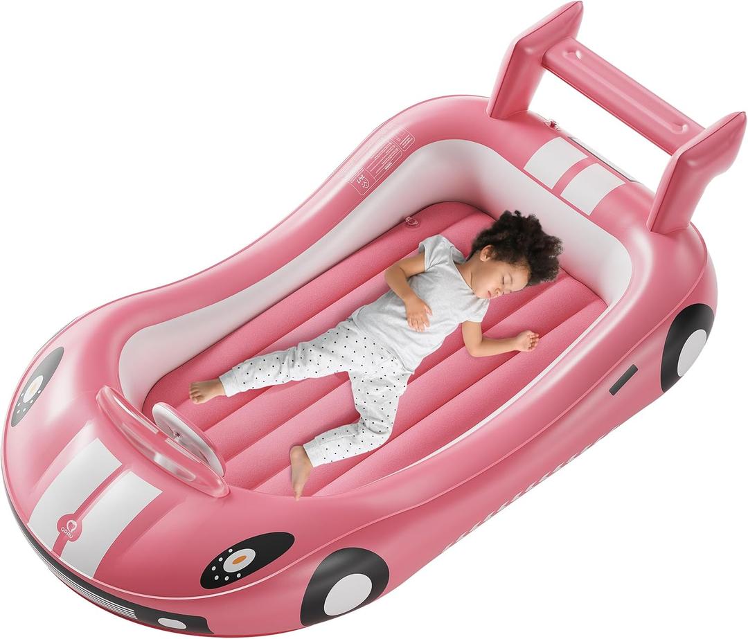 QPAU Blow up Inflatable Toddler Travel Bed with Sides, Toddler Air Mattress for Camping, Traveling, Hotel, or Home Use, Hand Pump Included (Pink)