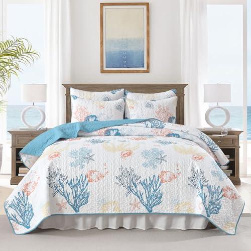 HORIMOTE HOME Coastal Quilt Bedding Set Queen Size, Reversible Summer Beach Quilt Lightweight Ocean Nautical Comforter Tropical Bedspread Coverlet with 2 Pillow Shams for All Seasons (90"x96")