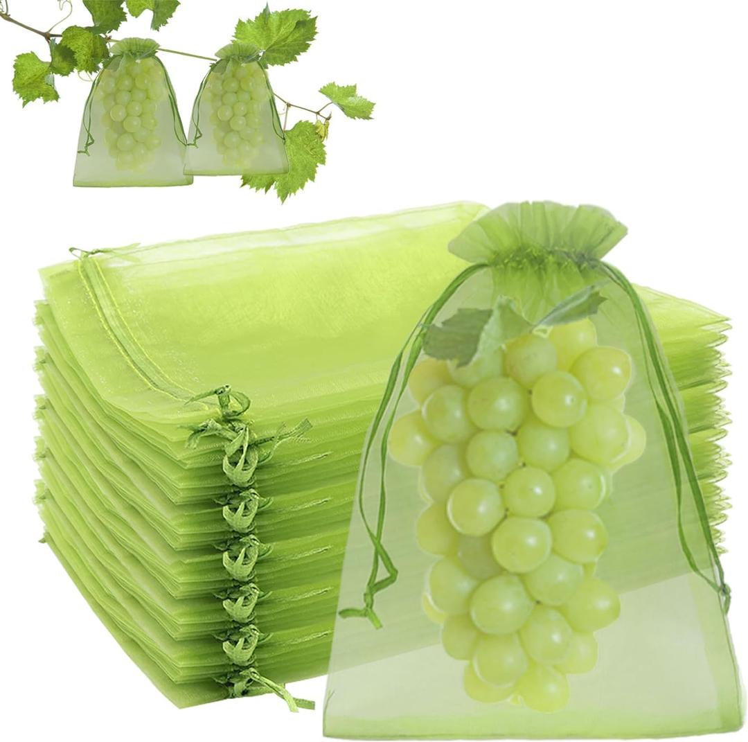100 Pcs Fruit Protection Bags, 6.5 x 9 Inch Green Netting Cover Bags with Drawstring, Pest Barrier for Trees, Garden Fruit Cover Mesh Bag for Plant Vegetables and Flowers