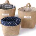 3 PCS Mini Hanging Storage Bag Cotton Linen Small Storage Basket Wall Hanging Storage Pouch Foldable Storage Box Family Organizer Decorative Bag for Key Sunglasses Snack Wallet on Door Closet Desktop