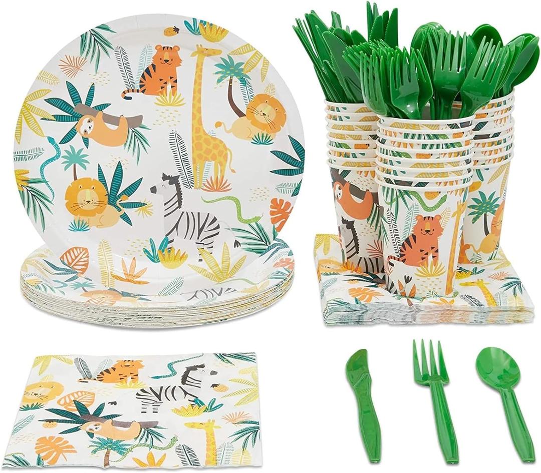 BLUE PANDA 144 Piece Jungle Safari Theme Birthday Party Decorations - Zoo Animal Dinnerware Jungle Safari Plates, Napkins, Cups, and Cutlery - Tropical Theme Birthday Party Decorations (Serves 24)