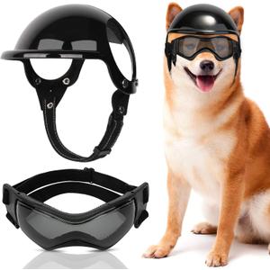 SlowTon Dog Helmet and Goggles - UV Protection Doggy Sunglasses Dog Glasses Pet Motorcycle Helmet Hat with Ear Holes Adjustable Belt Safety Hat for Small Medium Large Dogs Puppy Riding (Black, M) (Medium (27.5-44.0 lb))